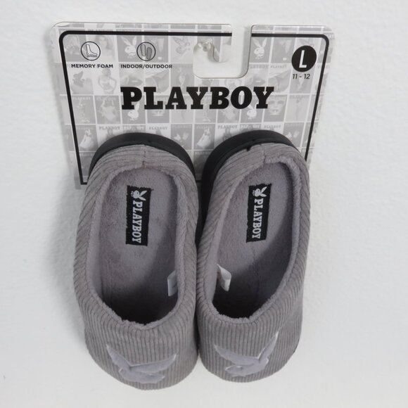Playboy plush teddy Gray Corduroy slides Slippers Size L 11-12 - Picture 4 of 7